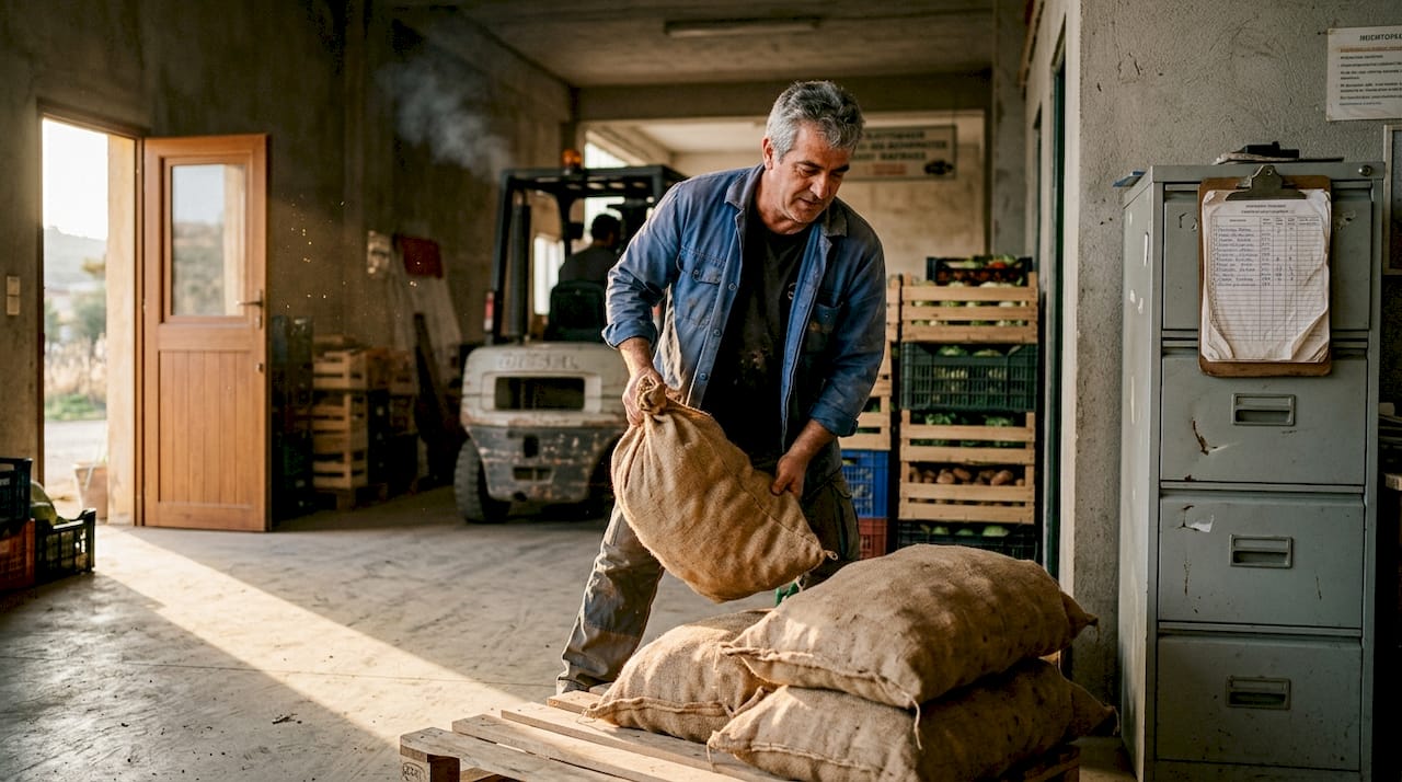 Greek worker loads produce in warehouse