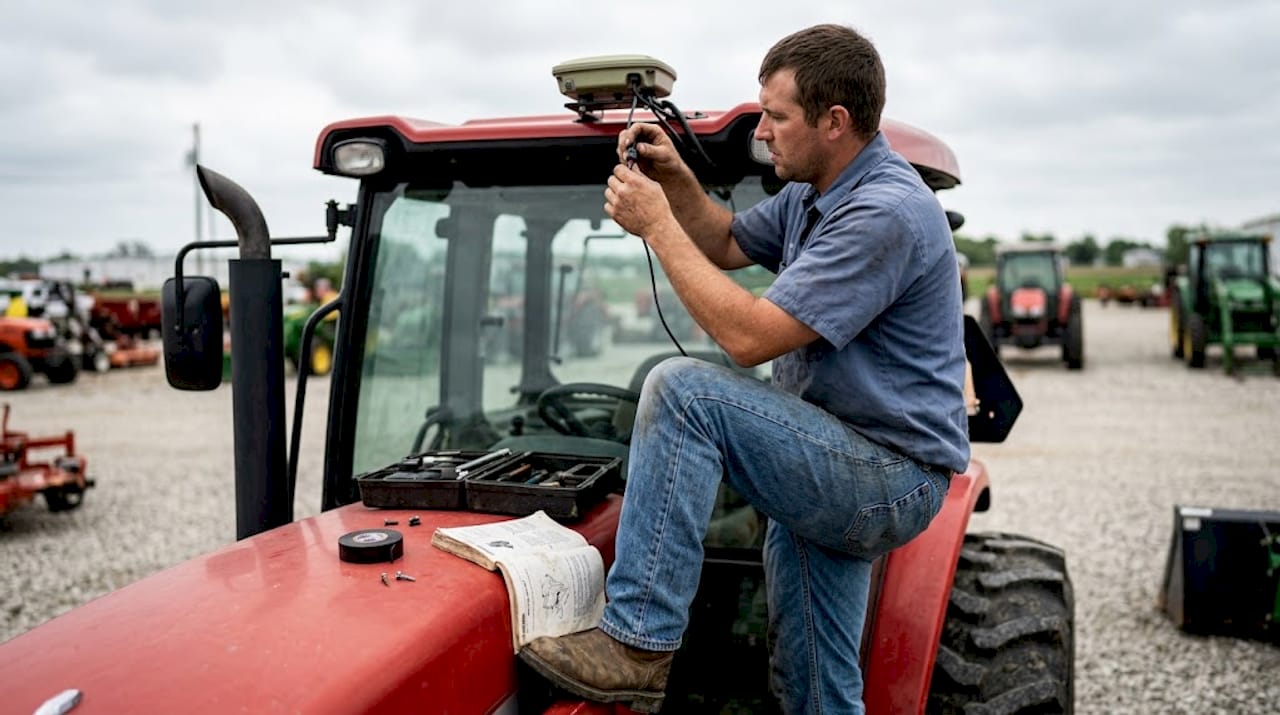 Technician adjusting tractor GPS guidance system