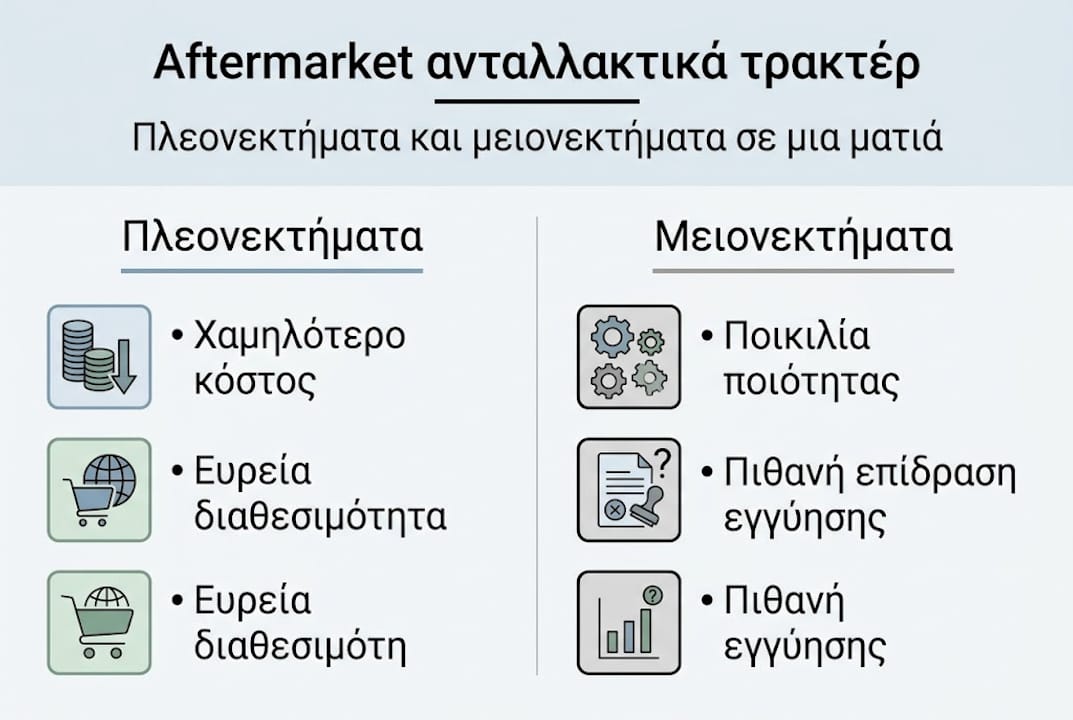 Γραφικό με τα πλεονεκτήματα και τα μειονεκτήματα των ανταλλακτικών τρακτέρ από τη δευτερογενή αγορά