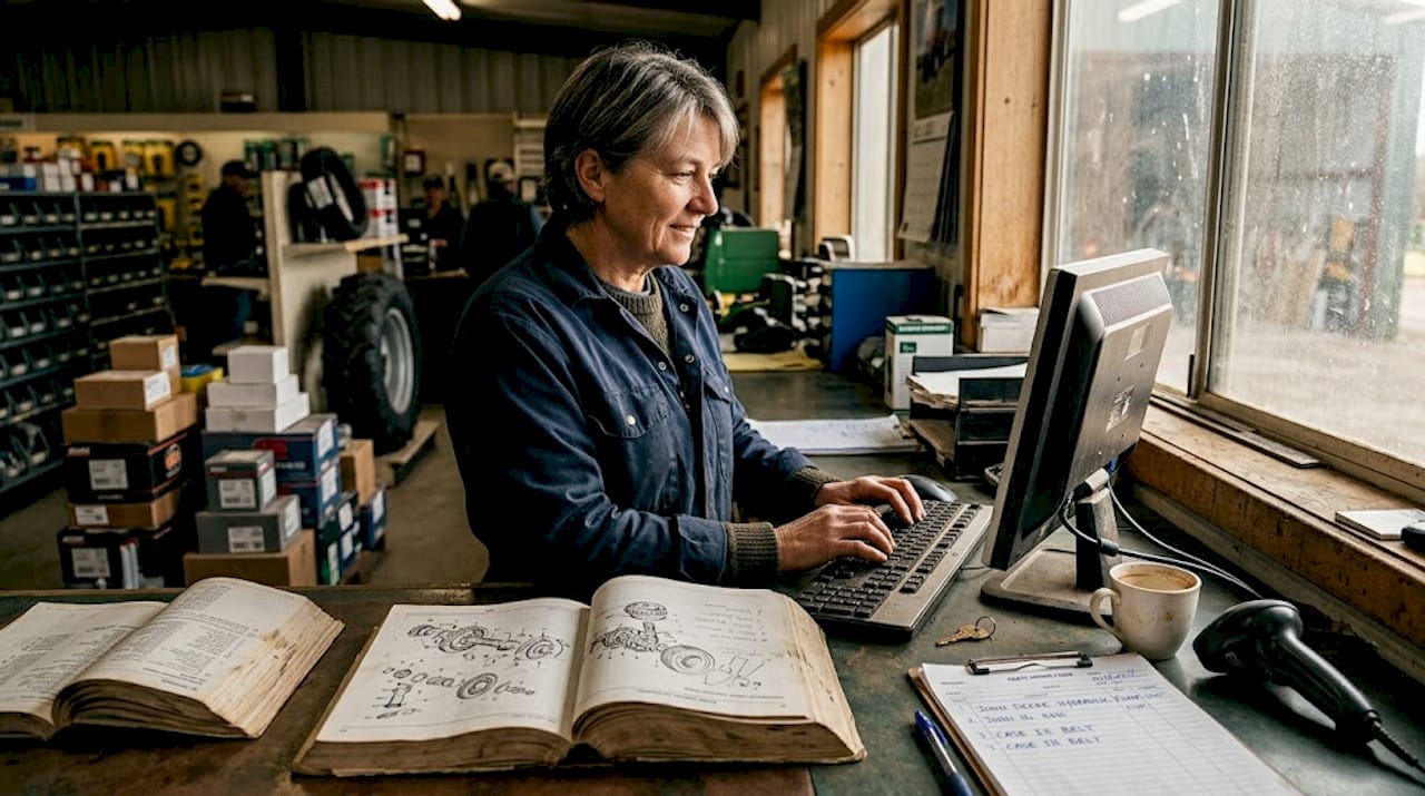 Parts specialist at counter with parts catalog