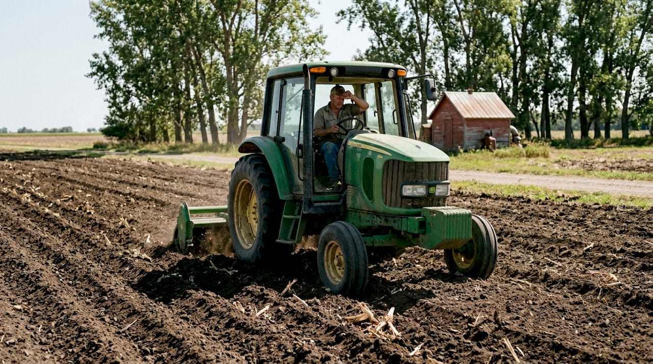 Tractor using tiller across field midday
