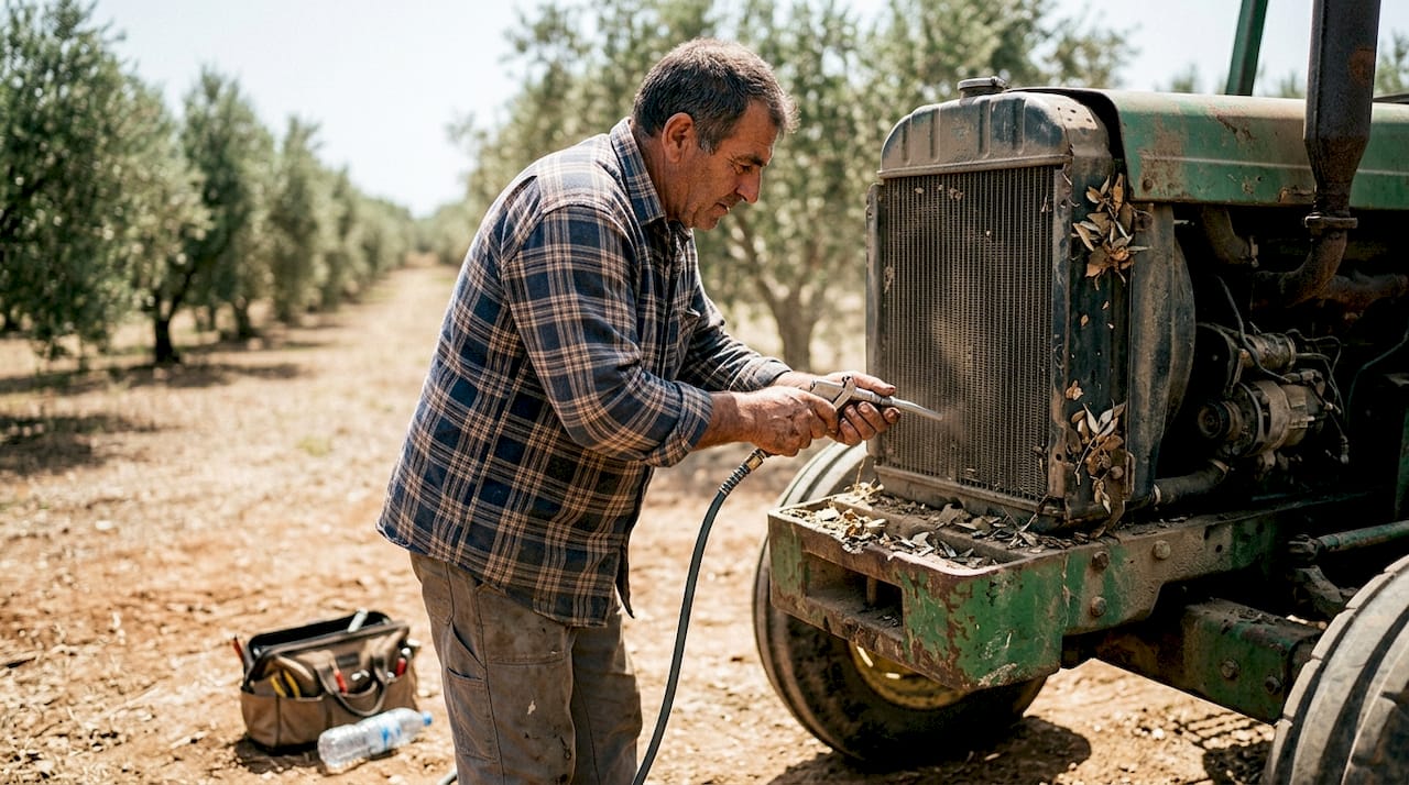 Ο αγρότης φροντίζει το τρακτέρ του, καθαρίζοντας τη σκόνη από το ψυγείο.