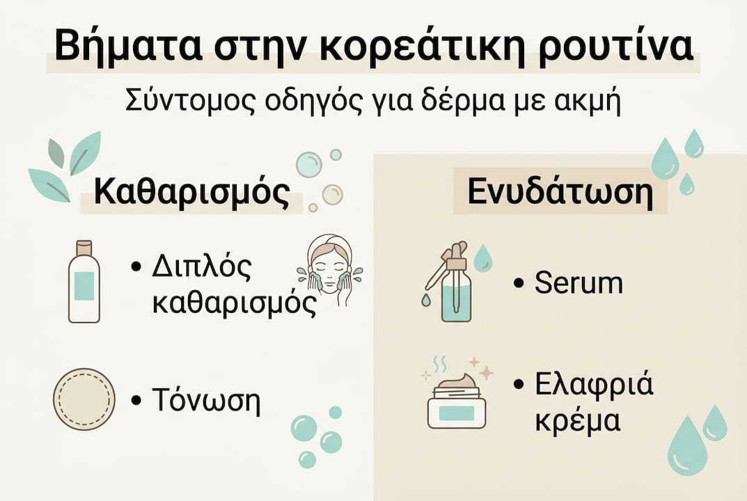 Εικονογραφημένος οδηγός με τα βασικά βήματα περιποίησης ακμής σύμφωνα με τη φιλοσοφία K-beauty