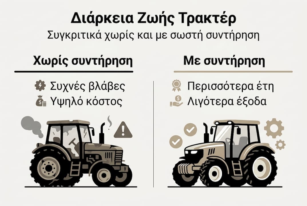 Γραφικό που απεικονίζει τη διάρκεια ζωής ενός τρακτέρ με ή χωρίς σωστή συντήρηση