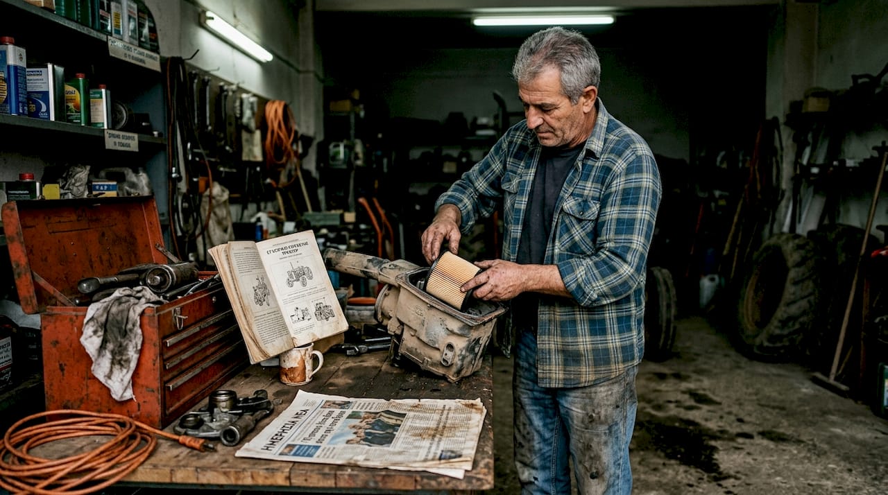 Ένας αγρότης αλλάζει το φίλτρο αέρα του τρακτέρ του μέσα στο γκαράζ.