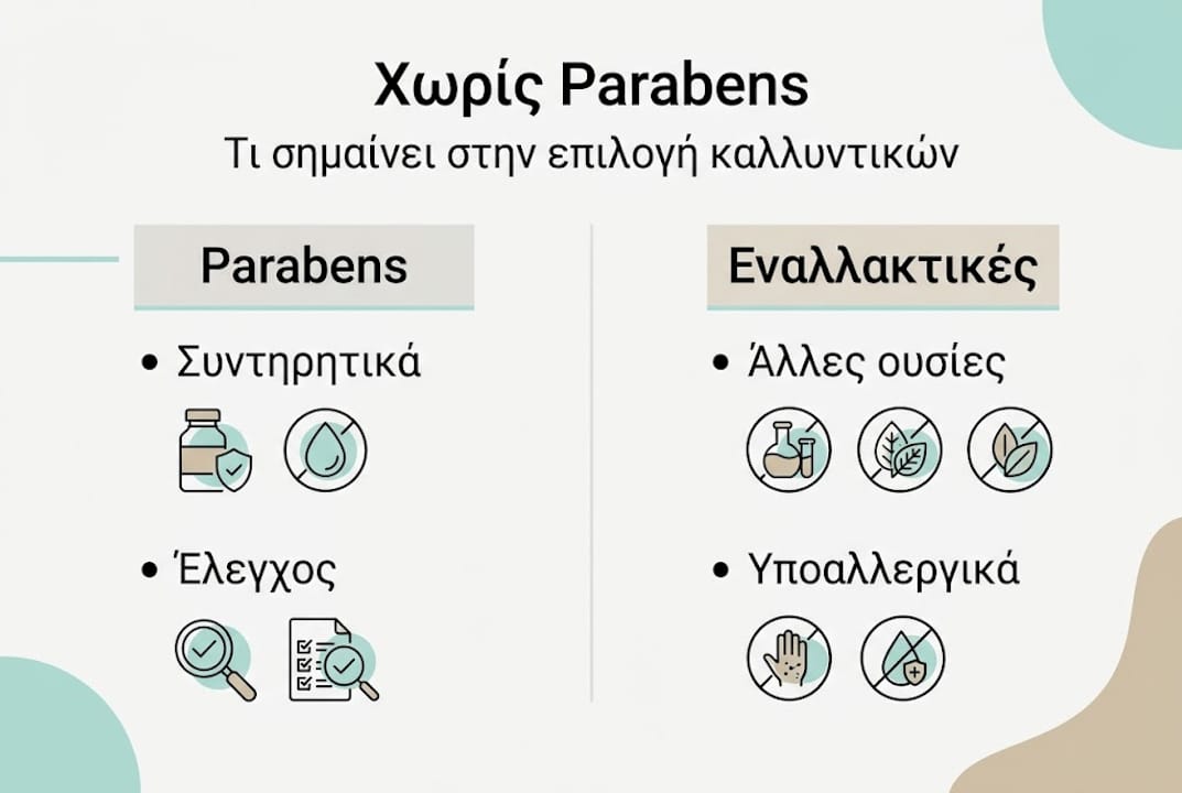 Ενημερωτικό γράφημα: Όλα όσα πρέπει να ξέρετε για τα parabens στα καλλυντικά και πώς να κάνετε τις σωστές επιλογές για την περιποίησή σας.