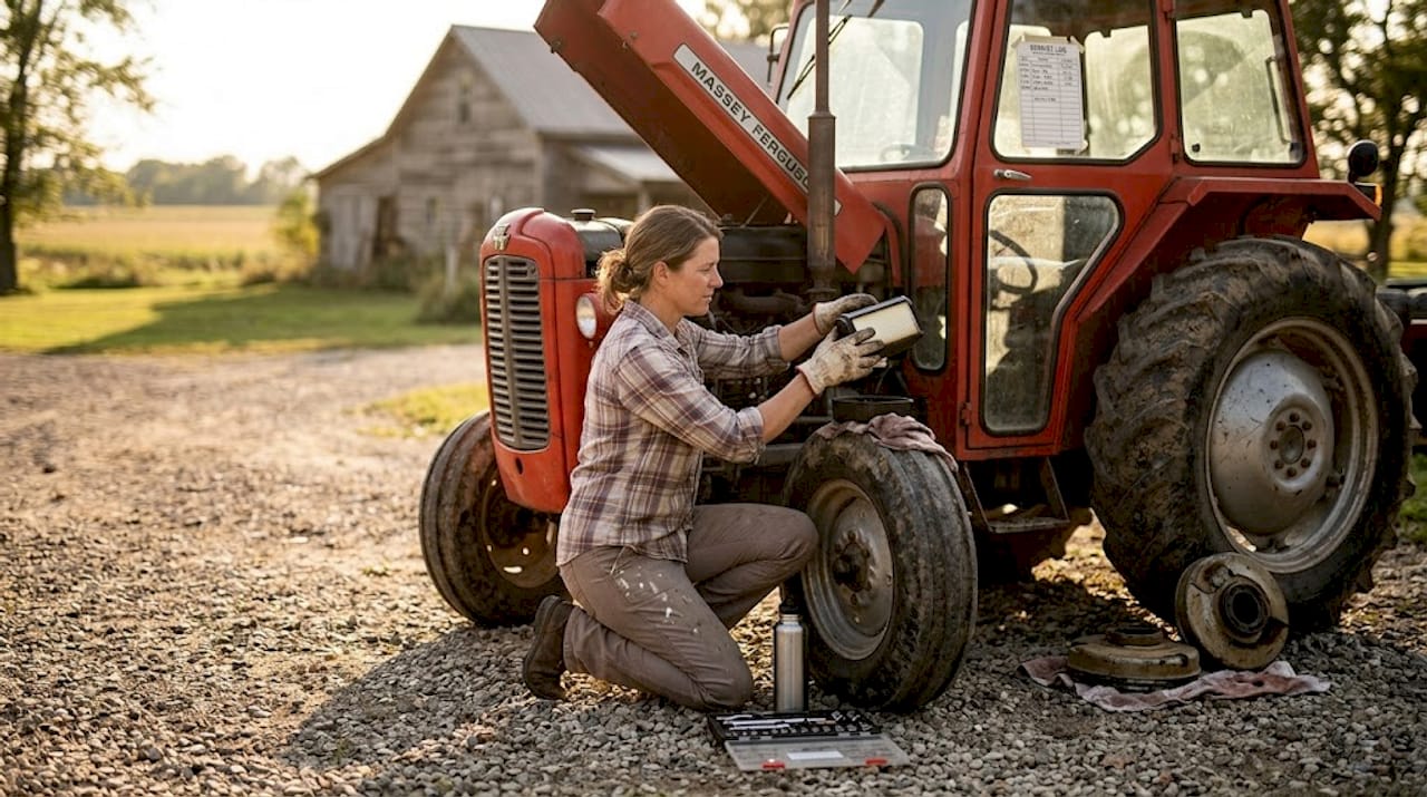 Farmer changing tractor air filter