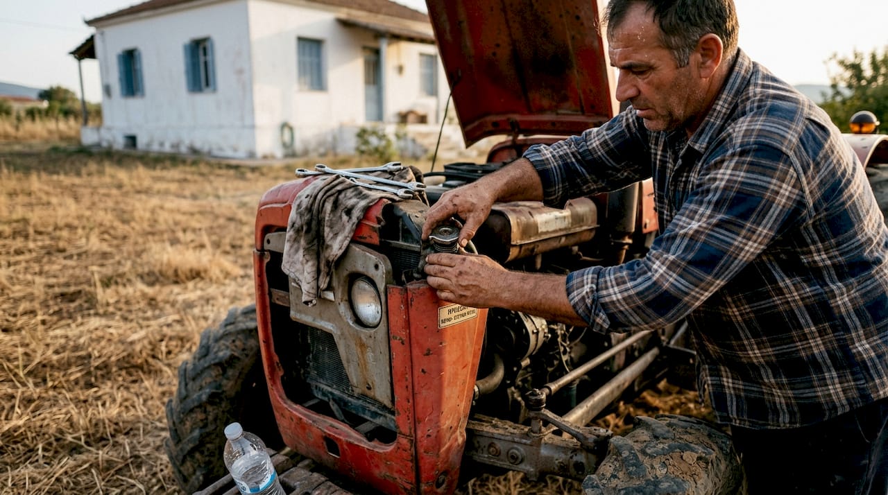 Ο αγρότης σηκώνει το καπό του τρακτέρ για να δει αν υπερθερμαίνεται η μηχανή.