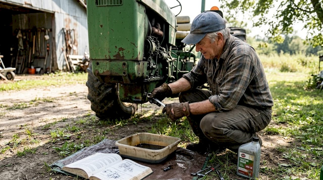 Changing tractor oil in driveway