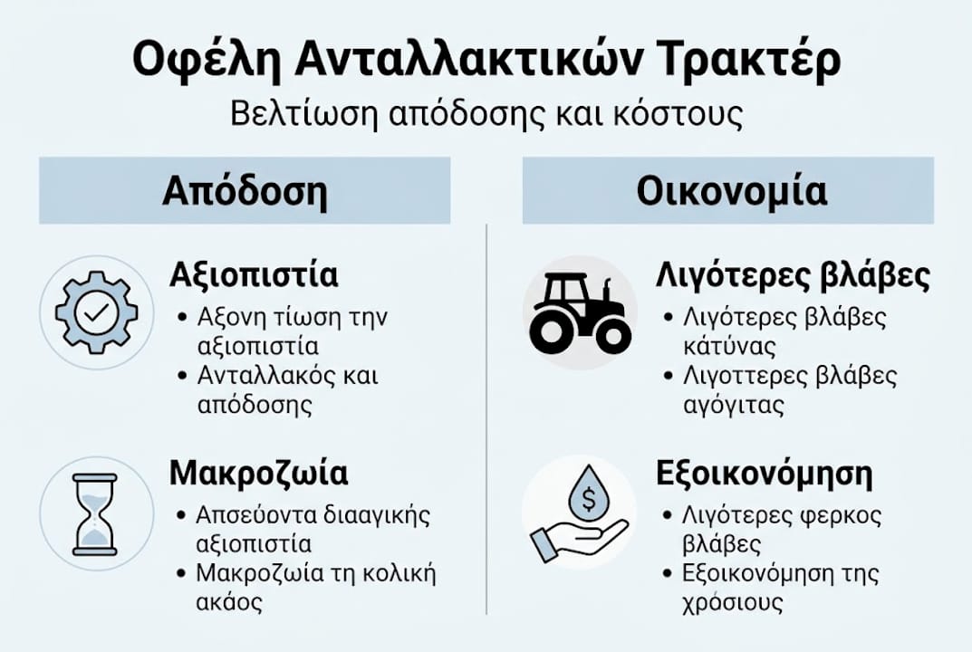 Γραφικό με τα βασικά πλεονεκτήματα των γνήσιων ανταλλακτικών για τρακτέρ