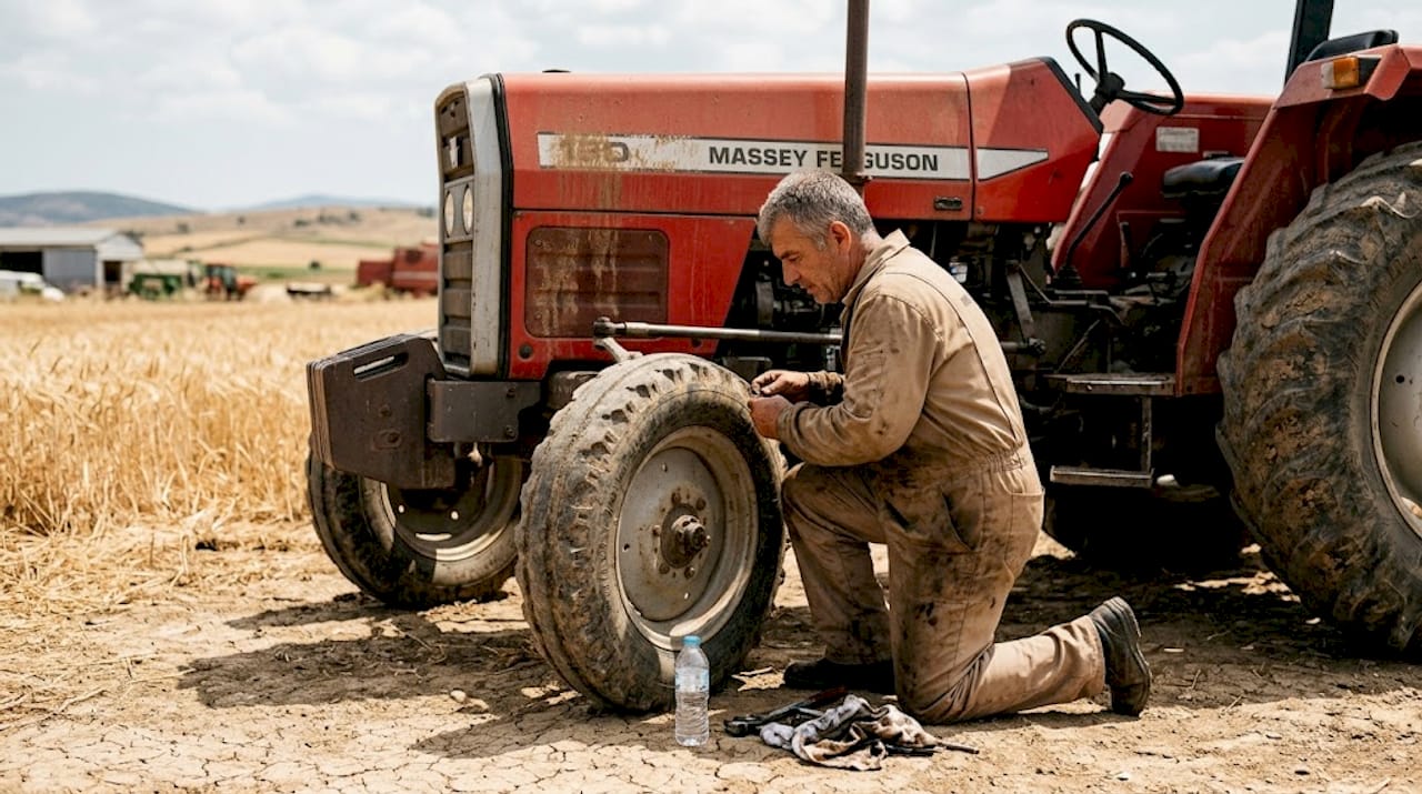 Mechanic inspecting tractor hydraulic line
