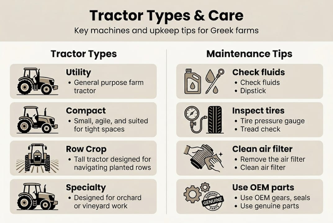 Infographic shows tractor types and maintenance tips