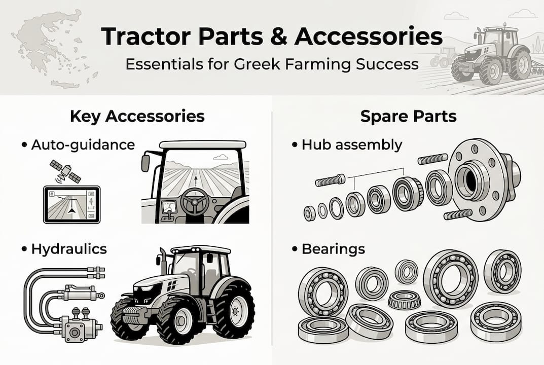 Infographic showing essential tractor parts and accessories