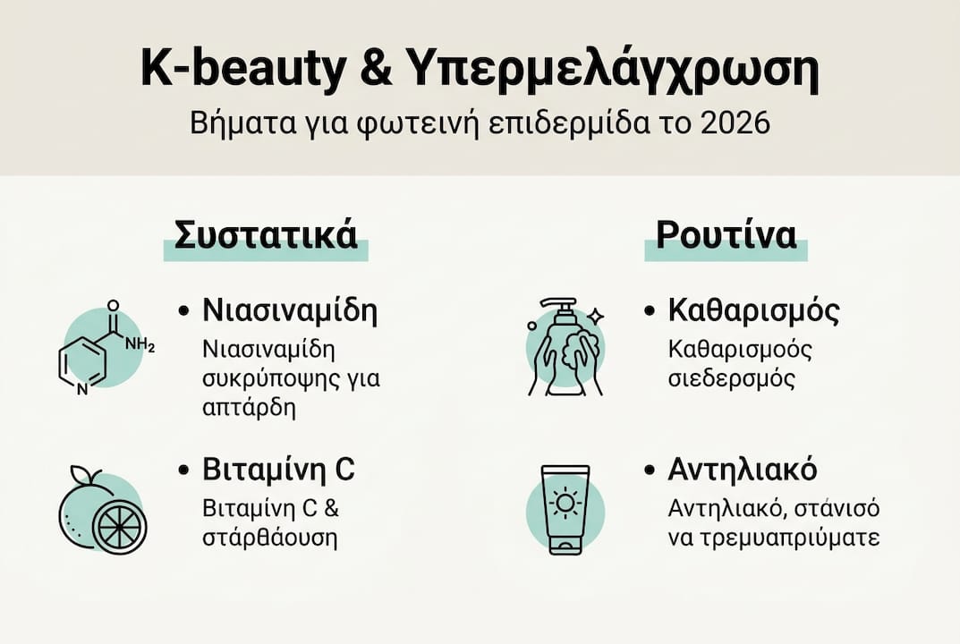 Εικονογραφημένος οδηγός με βασικά συστατικά της κορεάτικης περιποίησης και τα στάδια της καθημερινής ρουτίνας ομορφιάς