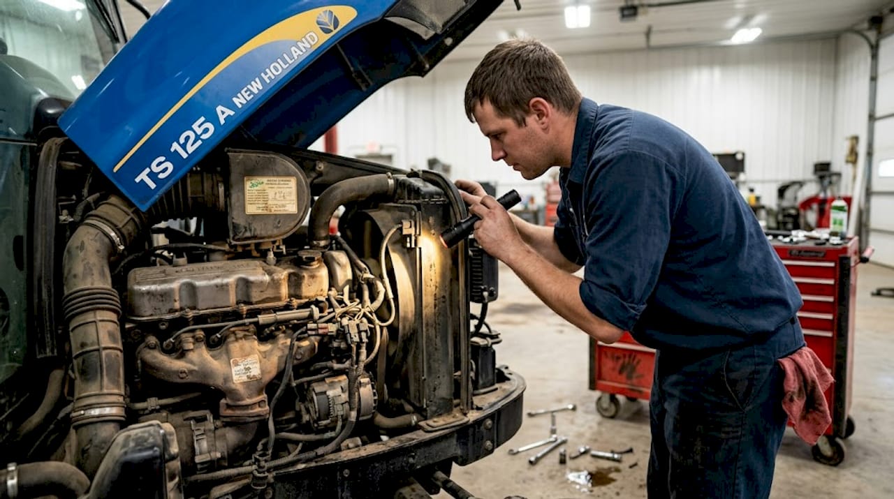 Mechanic inspecting TS 125 A New Holland engine