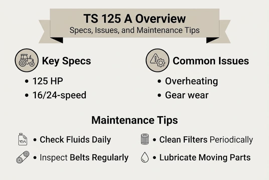 Infographic showing specs and common issues TS 125 A