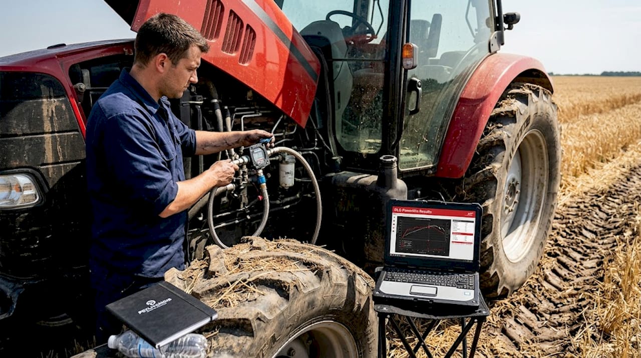 Technician testing tractor fuel efficiency