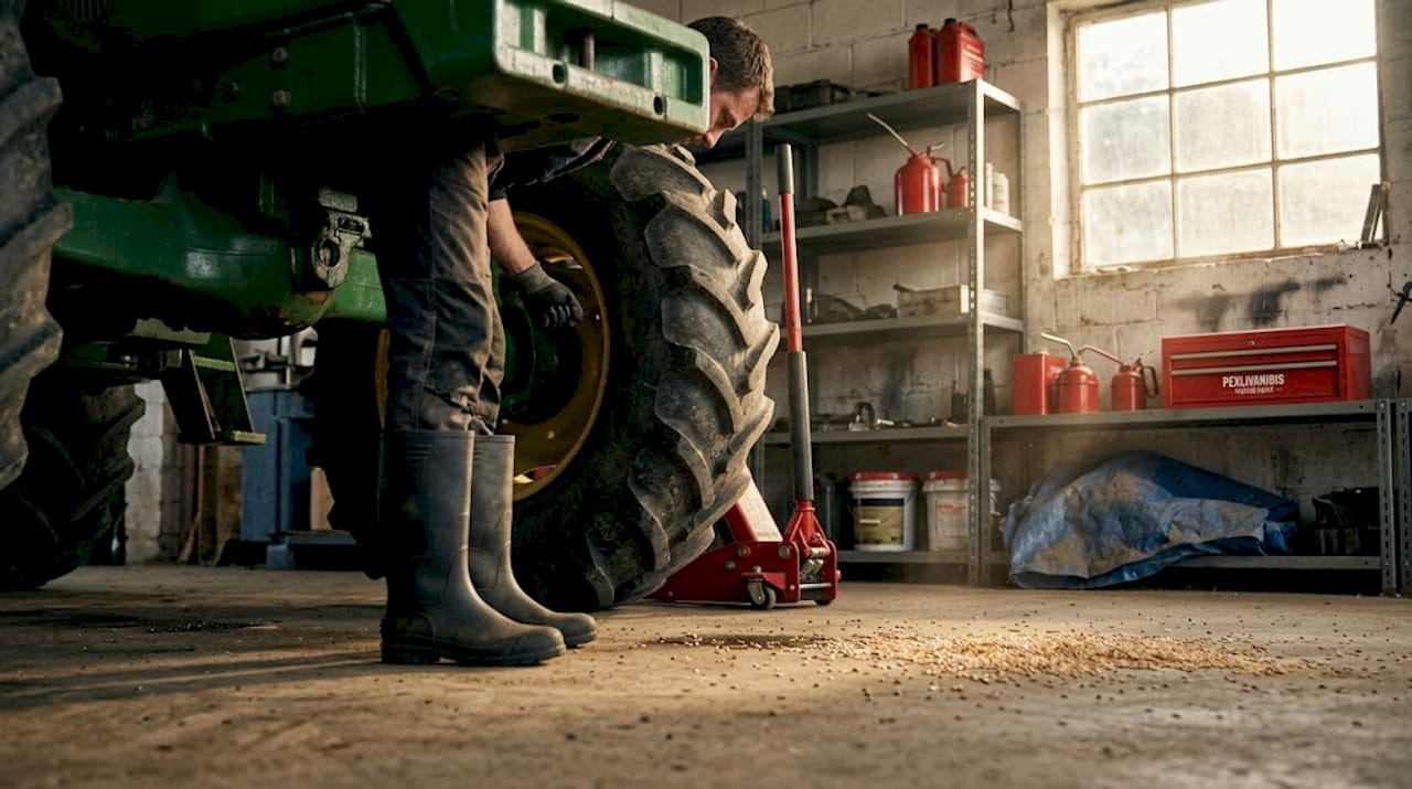 Farmer checks tractor inside equipment shed