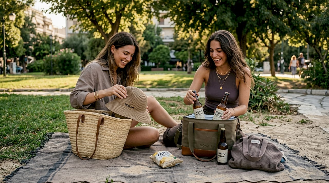 Μια όμορφη σκηνή πικνίκ με ψάθινες και υφασμάτινες τσάντες, απλωμένες πάνω στο γρασίδι, έτοιμες να γεμίσουν με λιχουδιές και καλοκαιρινή διάθεση.