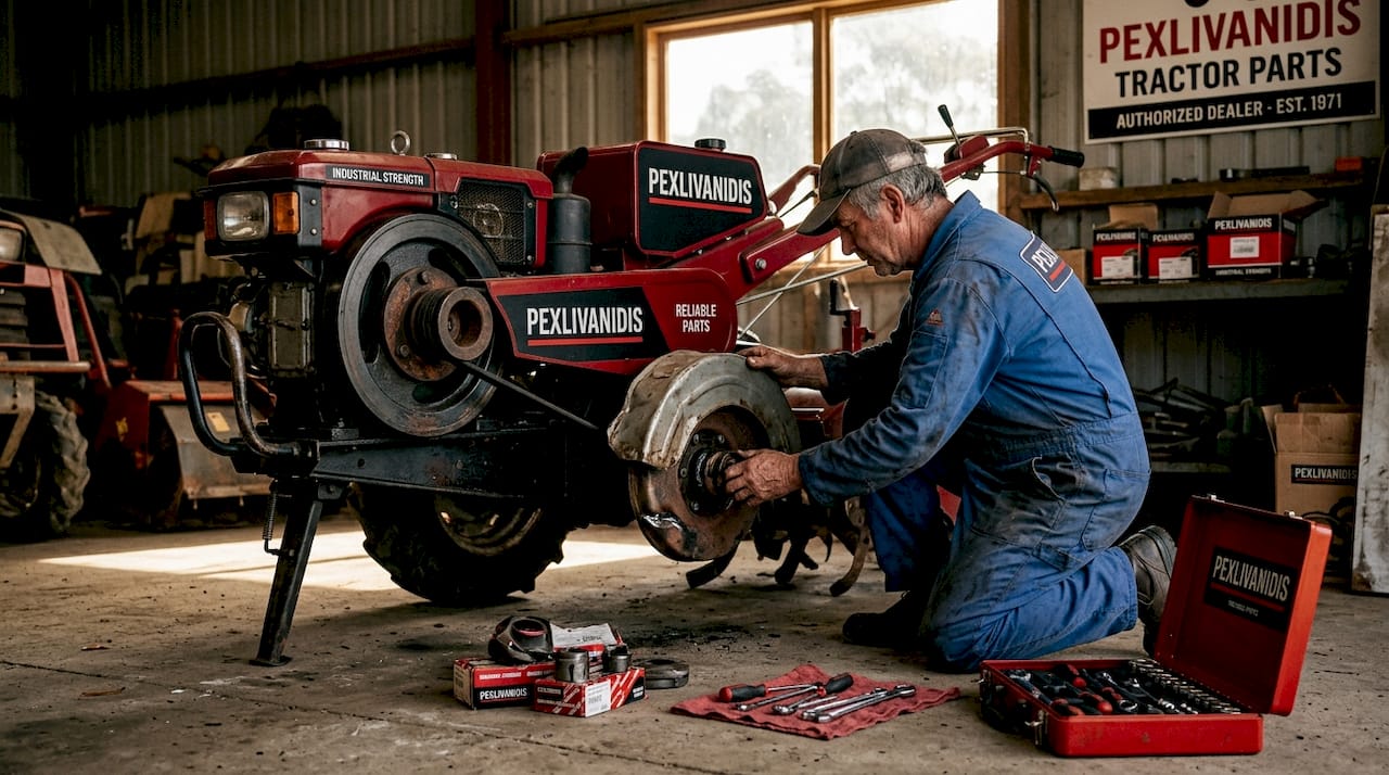Mechanic inspecting walking tractor PTO shaft
