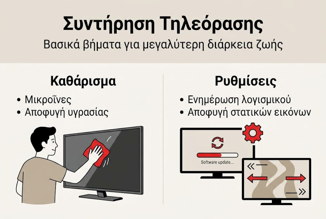 Εικονογράφηση με βασικές συμβουλές για τη σωστή φροντίδα της τηλεόρασής σας