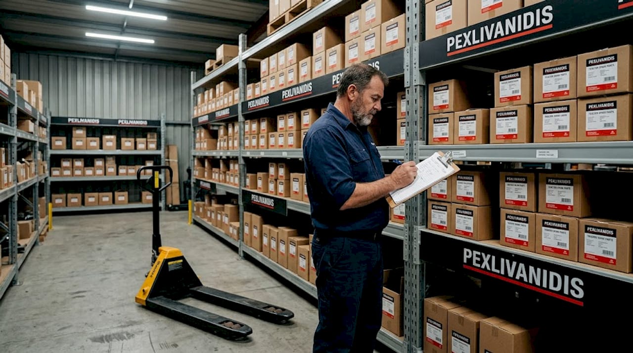 Supervisor inspecting tractor parts inventory