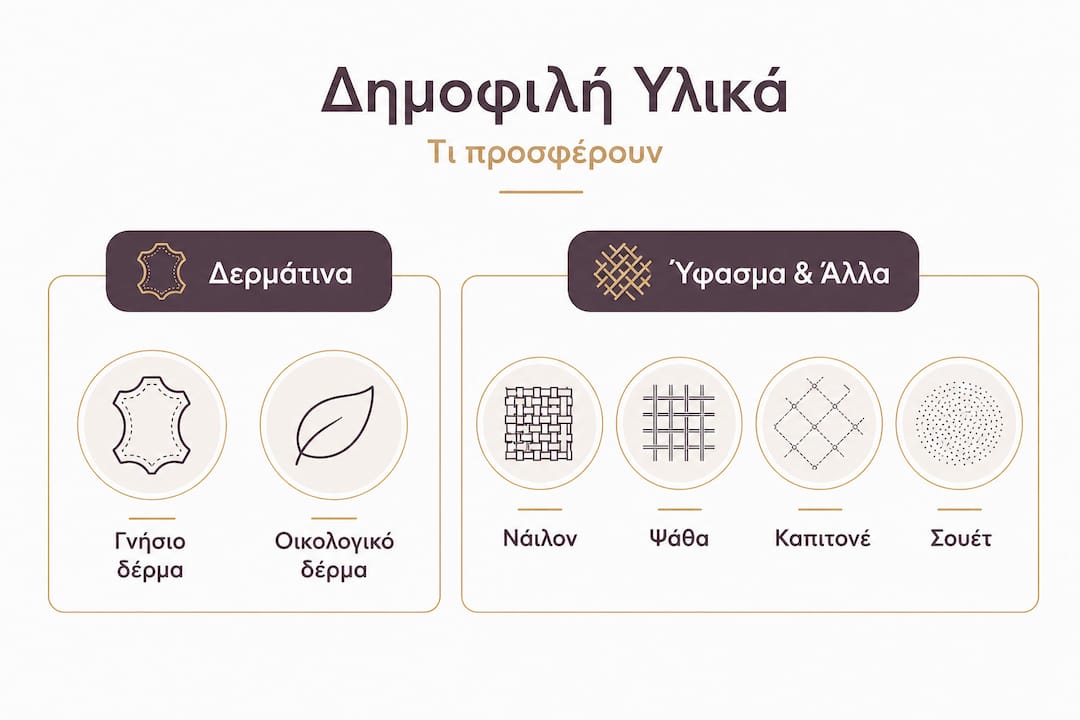 Σύγκριση υλικών και χαρακτηριστικών τσαντών σε ένα κατατοπιστικό γράφημα