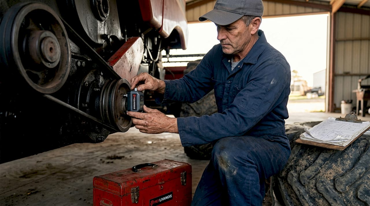 Technician placing sensor on farm equipment
