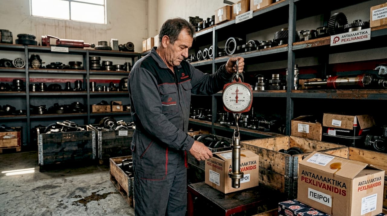 Ένας τεχνικός ζυγίζει ένα μεταχειρισμένο ανταλλακτικό ανάμεσα στα ράφια του συνεργείου.