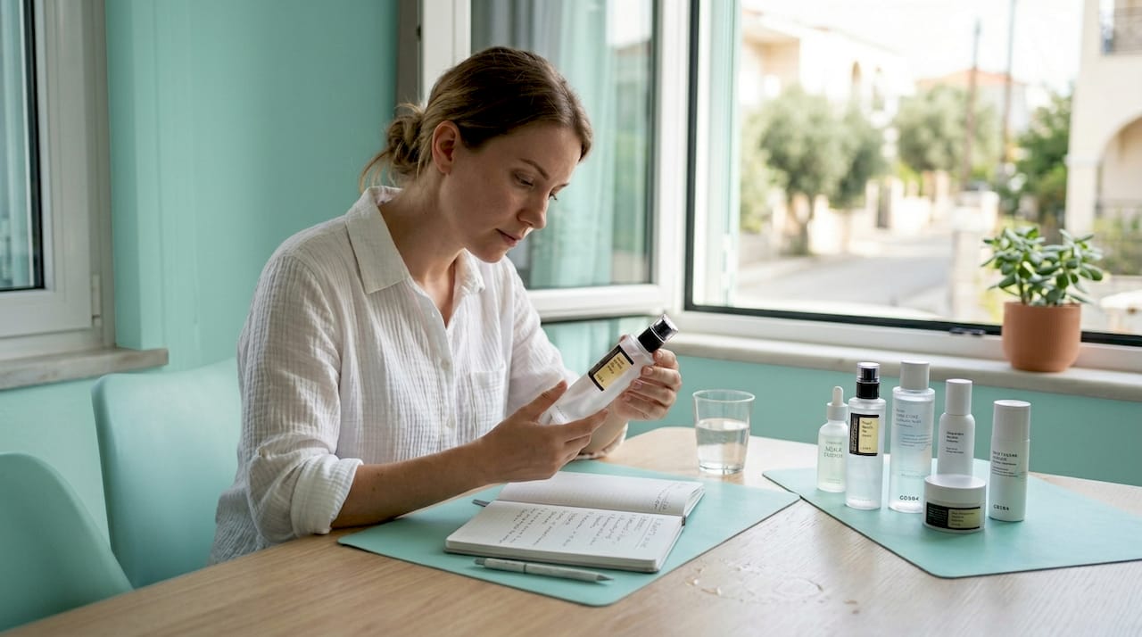 Checklist για ευαίσθητη επιδερμίδα με αυθεντική K-beauty 2 Στο σπίτι, κάποιος διαβάζει προσεκτικά την ετικέτα ενός προϊόντος περιποίησης προσώπου για να δει τα συστατικά και τις οδηγίες χρήσης.