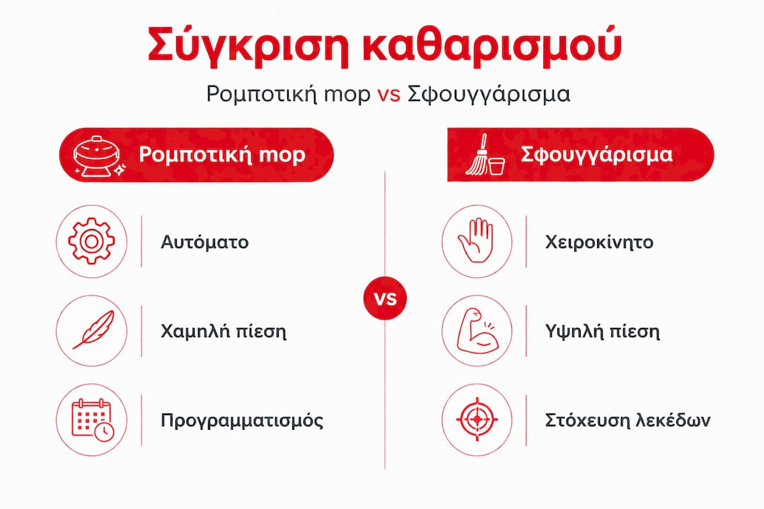 Γραφικό που παρουσιάζει τις διαφορές ανάμεσα στο παραδοσιακό σφουγγάρισμα και τα ρομποτικά σφουγγαρίστρες