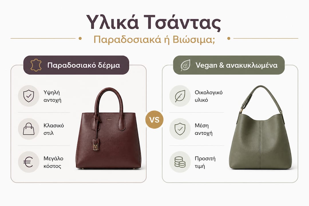 Παραδοσιακά υλικά ή οικολογικές επιλογές; Μια ματιά στα πλεονεκτήματα και τα μειονεκτήματα των υλικών που χρησιμοποιούνται στις τσάντες σήμερα.