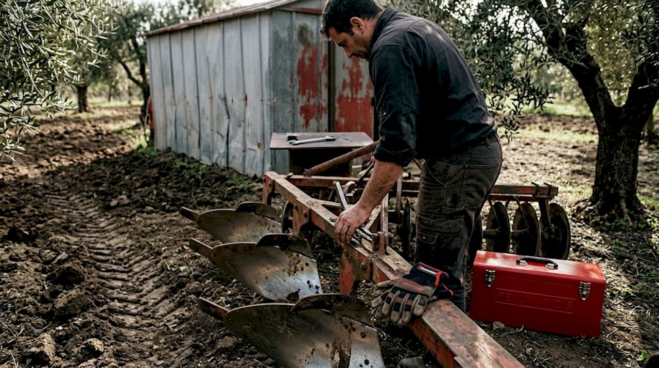 Farm worker examines soil preparation equipment