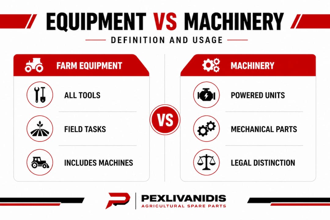Equipment vs machinery definitions split infographic