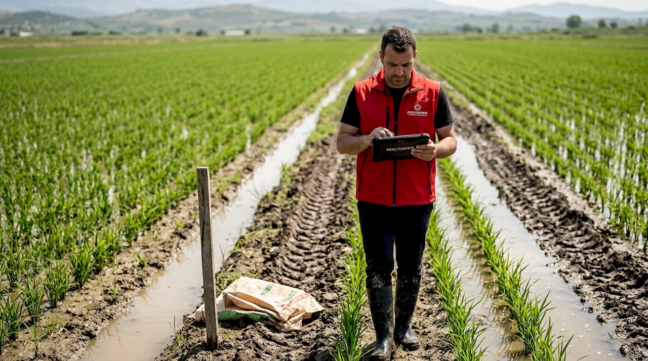 Technician using tablet in Greek rice field