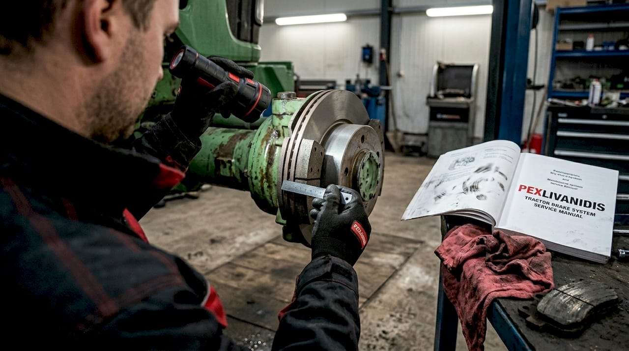 Technician examining dry disc tractor brake