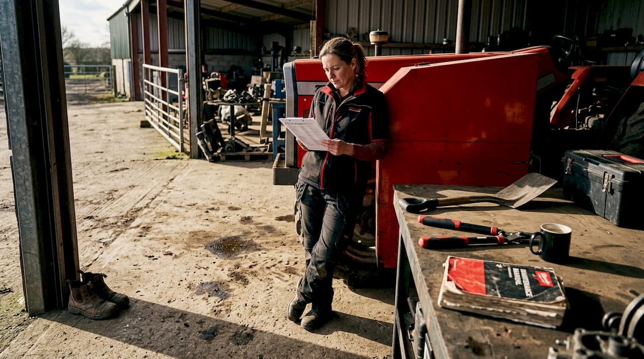 Farmer reviewing tool checklist in equipment shed