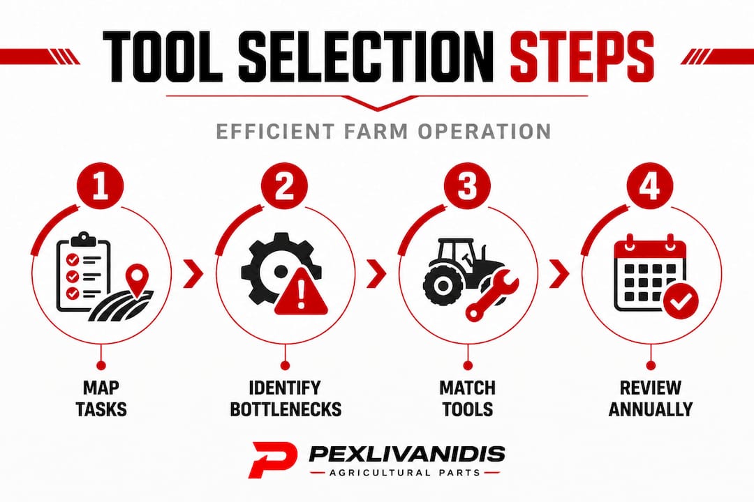 Infographic showing steps for farm tool selection