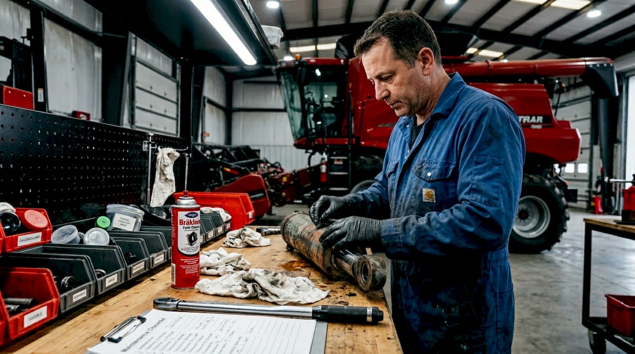 Technician inspects hydraulic cylinder at bench