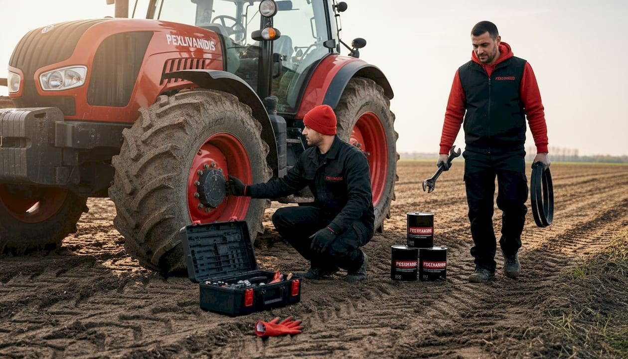 Workers performing tractor field repairs
