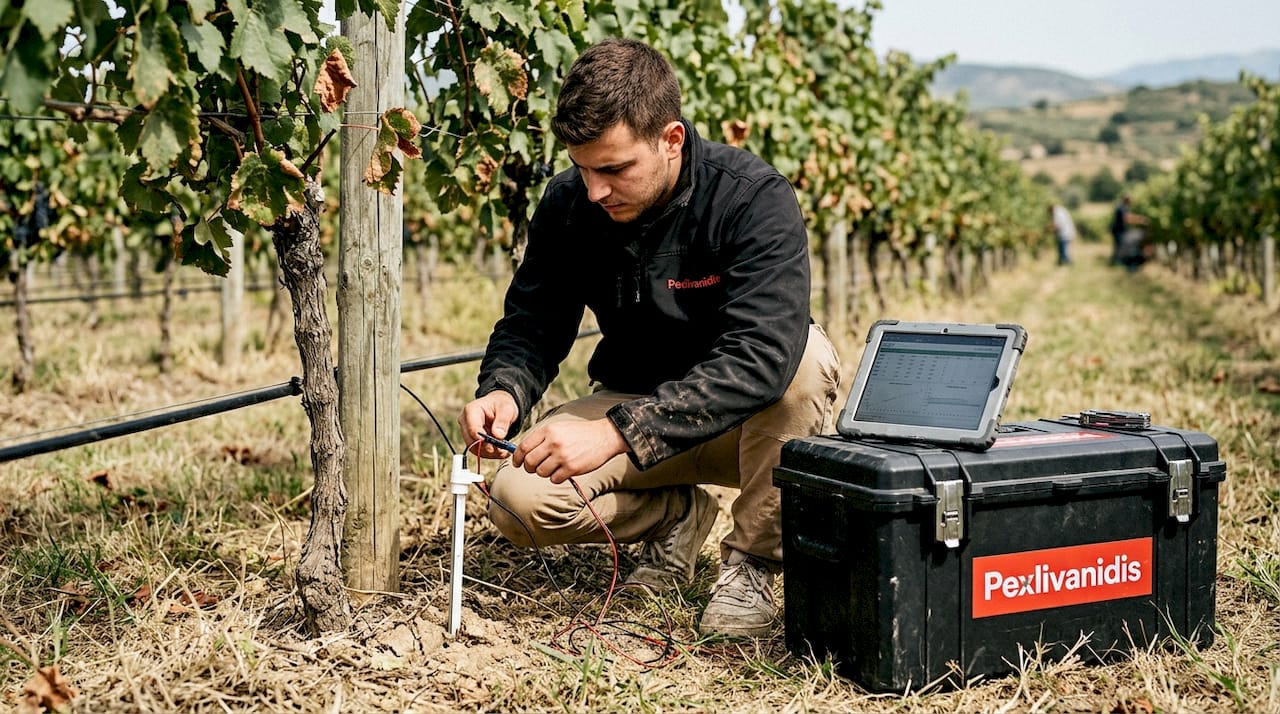 Technician adjusting soil sensor in Greek vineyard