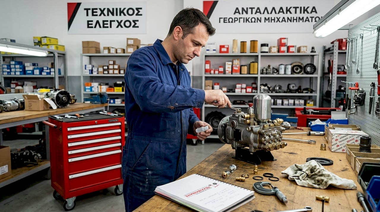 Ο τεχνίτης πραγματοποιεί έλεγχο στην αντλία του ψεκαστικού μέσα στο εργαστήριο.