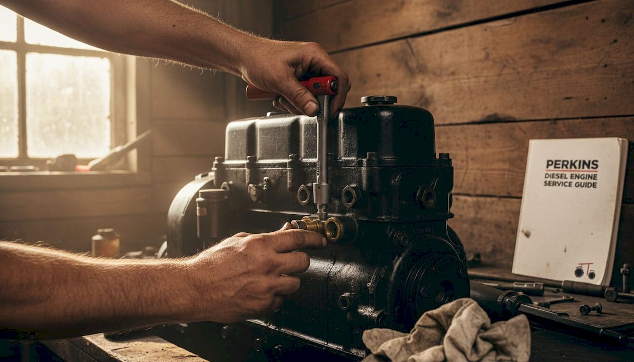 Hands using torque wrench on Perkins engine