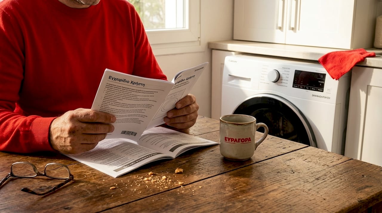 Ένας άντρας κάθεται στο τραπέζι και μελετάει το εγχειρίδιο της καινούριας του πλυντηρίου, προσπαθώντας να καταλάβει πώς λειτουργεί.