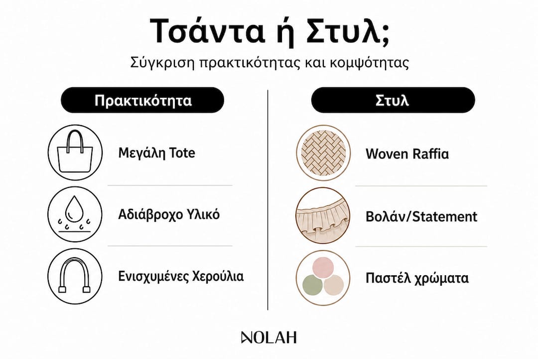 Γραφικό με αναλυτική σύγκριση πρακτικότητας και στυλ στις γυναικείες τσάντες: Ποια ταιριάζει καλύτερα στην καθημερινότητά σου;