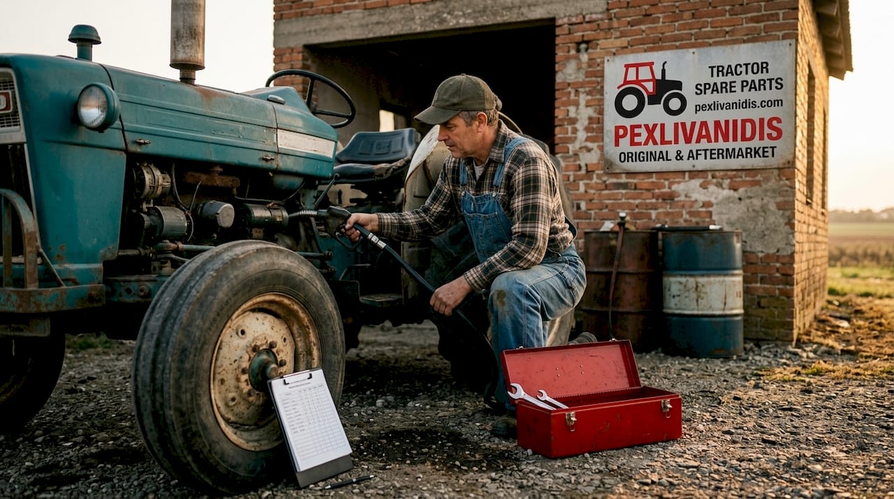 Farmer fueling tractor beside equipment shed