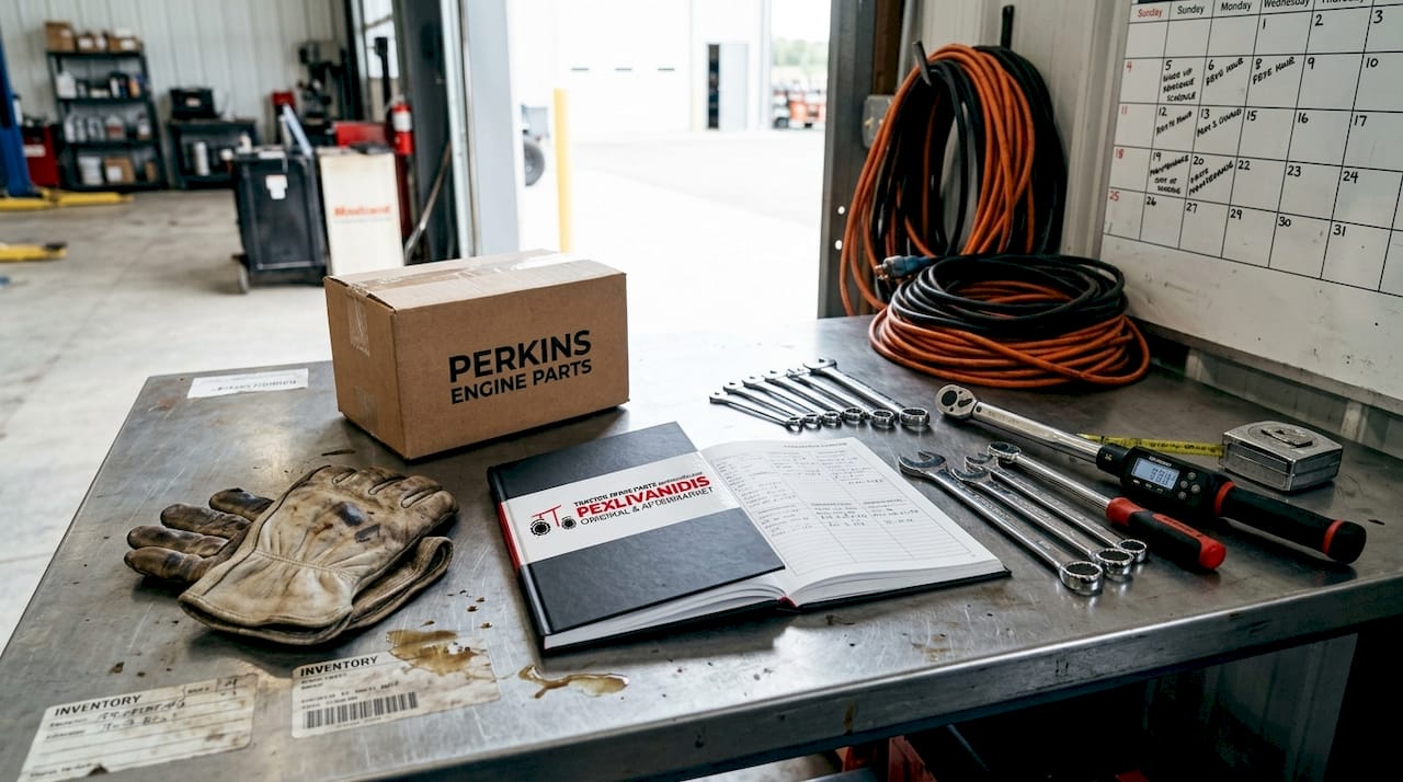 Maintenance bench with Perkins engine parts