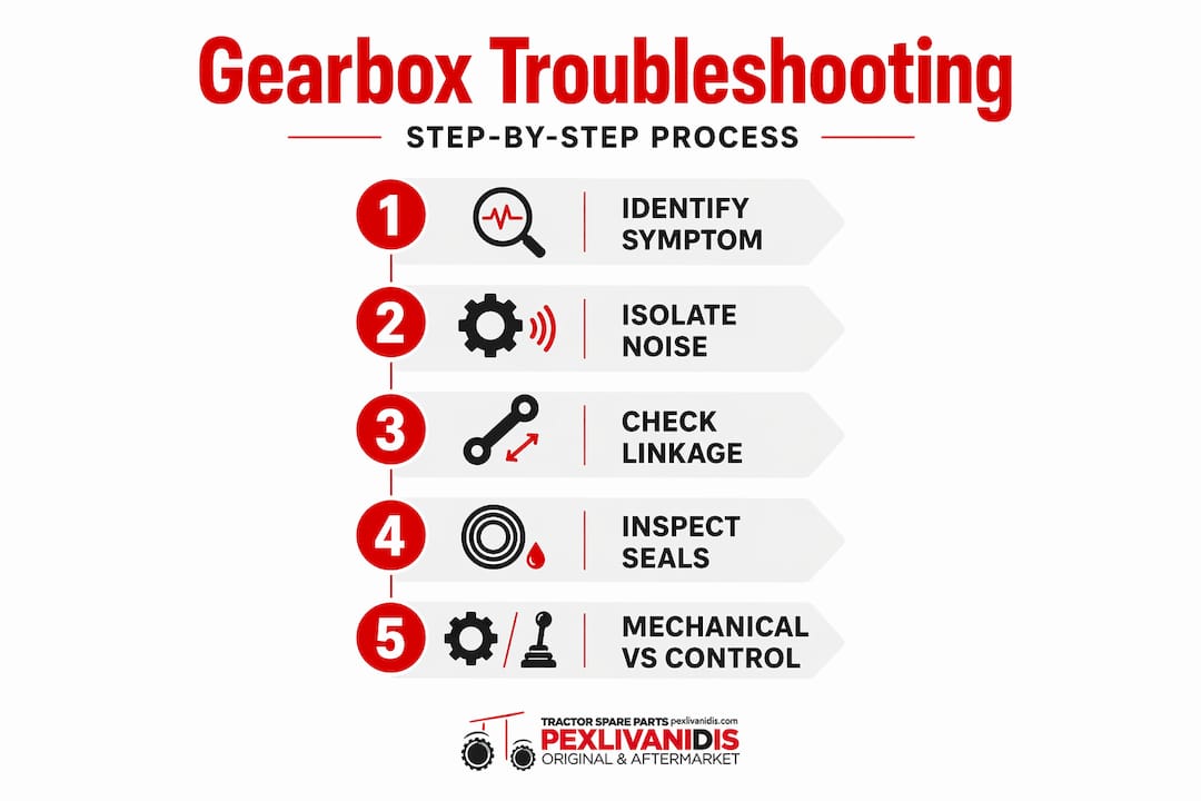 Infographic showing gearbox troubleshooting steps flow