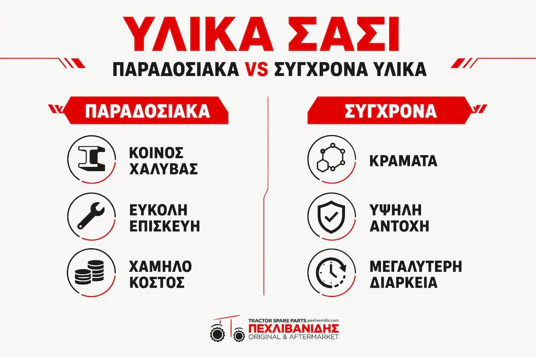 Εικονογραφημένος οδηγός που παρουσιάζει τις διαφορές μεταξύ παραδοσιακών και σύγχρονων υλικών για πλαίσια αυτοκινήτων.