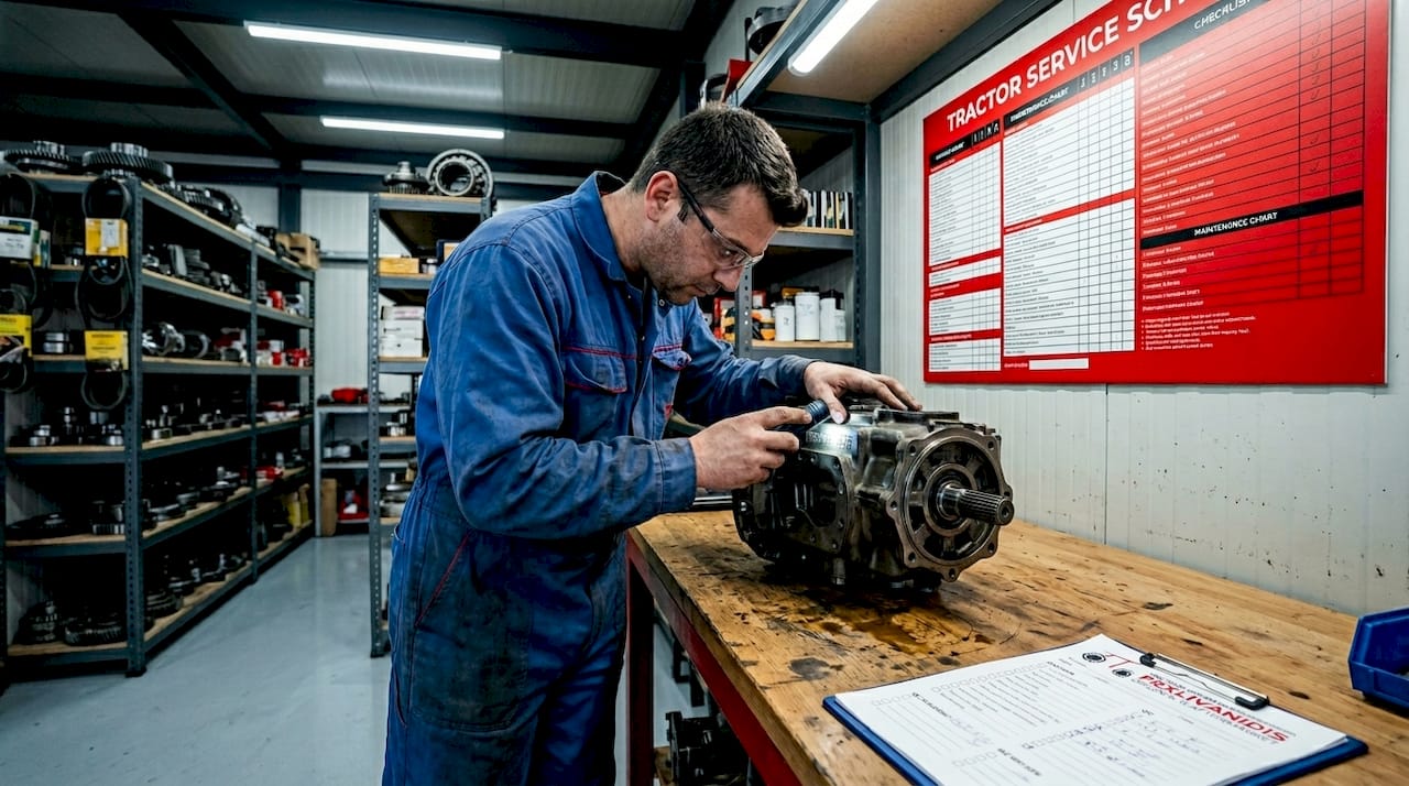 Mechanic inspecting remanufactured tractor gearbox